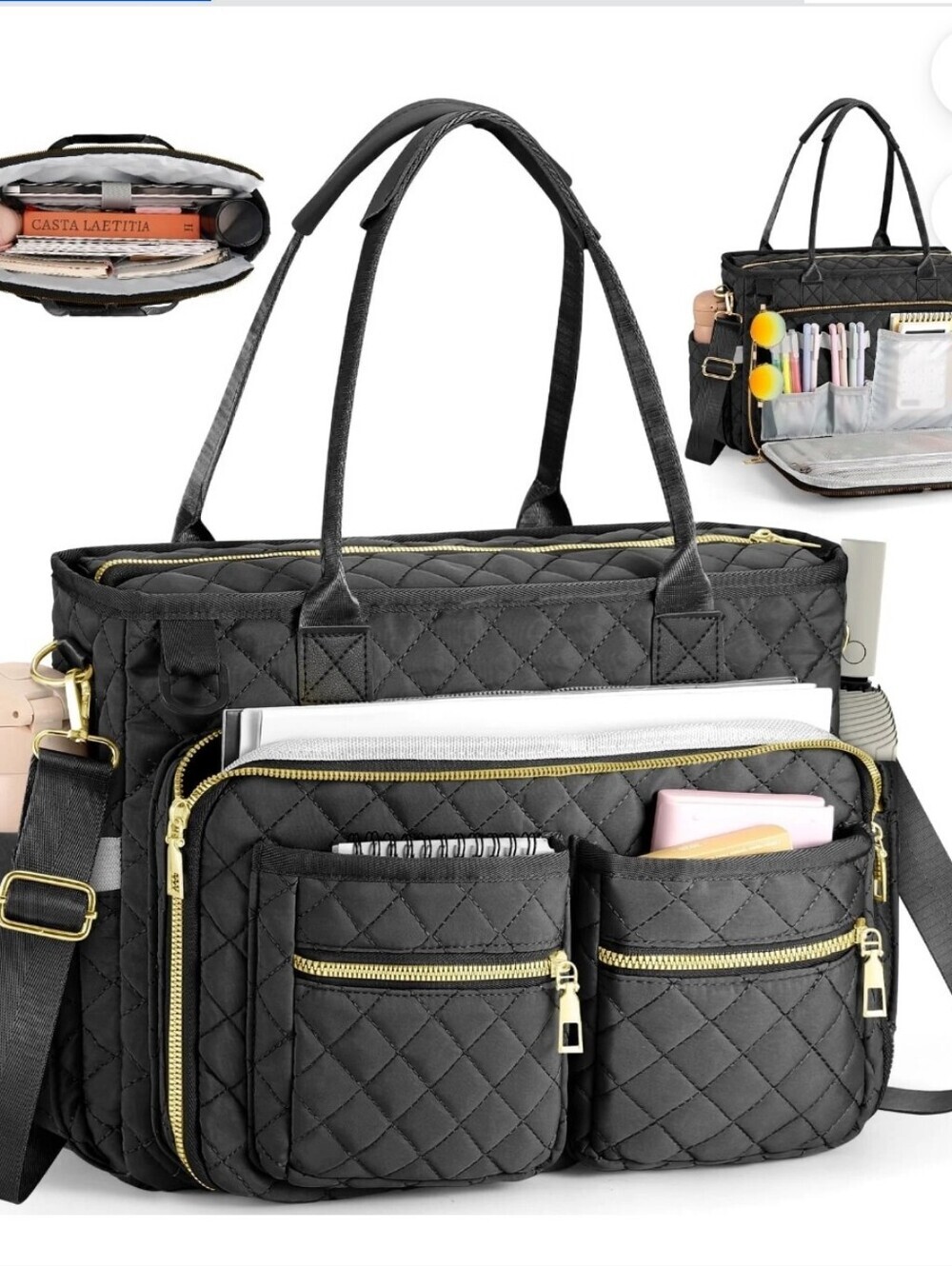 Quilted Black Multi-Pocket Tote Bag for Women